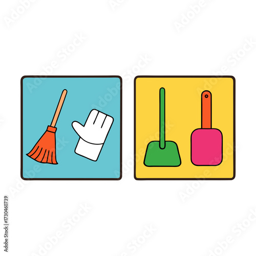 Collection of flat vector square illustrations featuring cleaning tools and supplies for hygiene and housekeeping