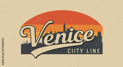 Venice City Line Retro Travel Poster Design with Skyline Silhouette