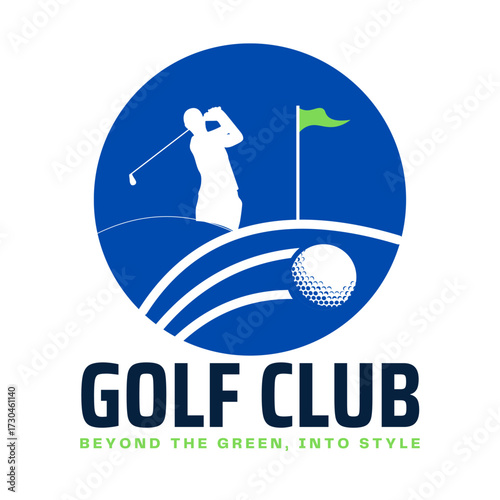 Golf Club Logo: A modern logo design for a golf club, featuring a golfer silhouette teeing off, golf ball, and the green flag in a clean and stylish representation.