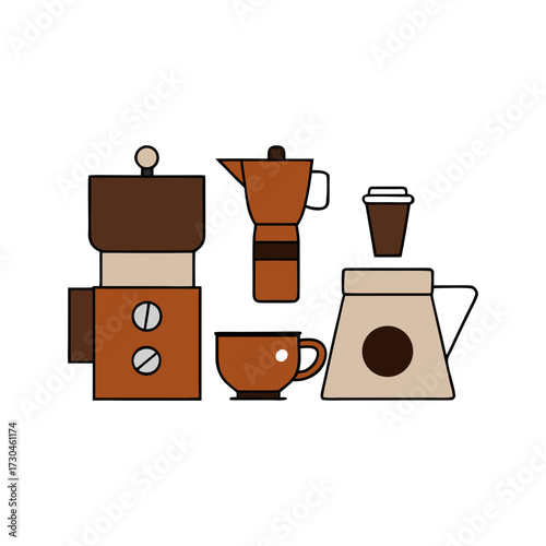 Flat vector square collection of coffee making tools and accessories for cafe and barista use