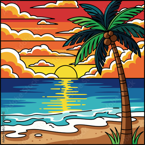 Tropical beach sunset under coconut tree 