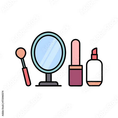 Playful flat vector illustration of makeup items for beauty and fashion concepts