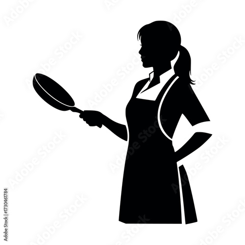 Vector art of silhouette of a woman wearing an apron and holding a frying pan
