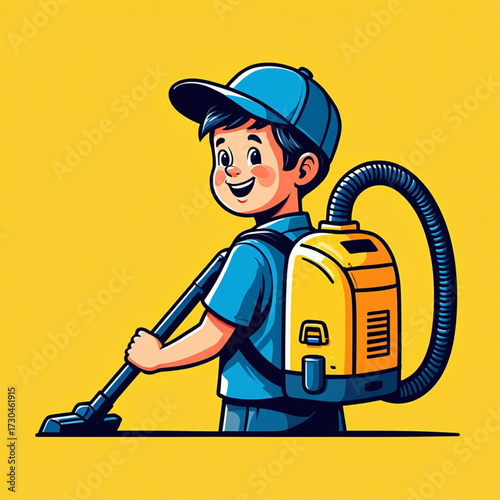 Cheerful boy with backpack vacuum cleaner on yellow background