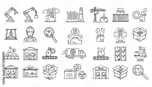 Vector art of collection of handdrawn icons representing industrial and manufacturing processes, including robots, factories, logistics, and quality control