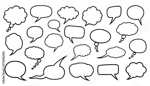 Vector art of collection of various handdrawn speech bubbles and thought clouds isolated on a, representing communication and ideas