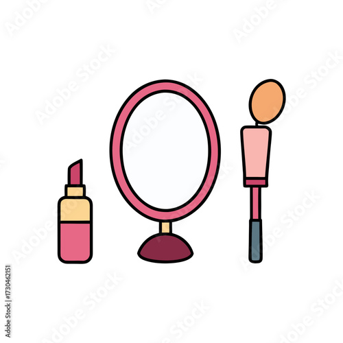 Cute flat vector illustration of makeup mirror lipstick and makeup brush for beauty themes