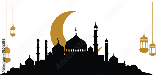 Celebrate Ramadan with this elegant mosque silhouette against a golden moon and decorative lanterns, perfect for festive greetings and spiritual designs