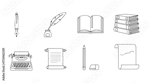 Collection of vintage writing instruments and stationery icons for creative projects vector
