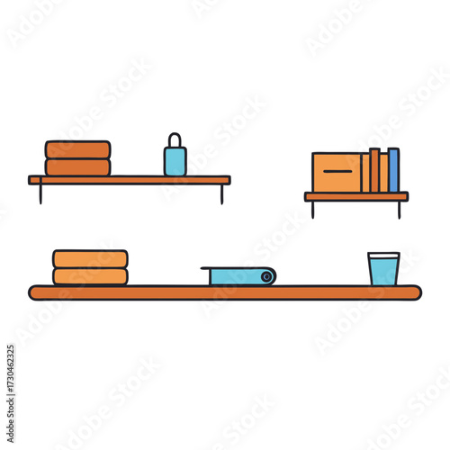 Modern vector collection of square shelves filled with books and decorations