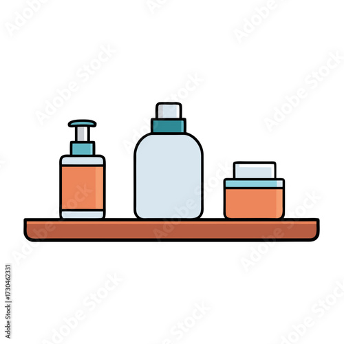 Stylish flat vector illustration of cosmetic products on a shelf for beauty and skincare
