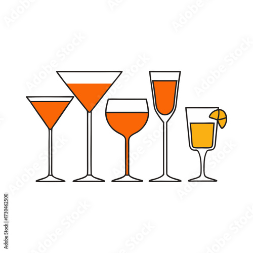Flat vector collection of delicious cocktails in various glasses refreshing drinks