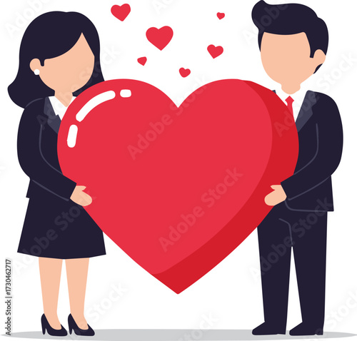 Elegant business couple holding a heart, spreading love and connection, showcasing teamwork and partnership with a touch of romance for Valentine's promotions