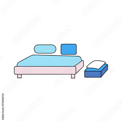 Flat vector illustration collection of bedroom furniture including a bed and folded linens scalable graphic design