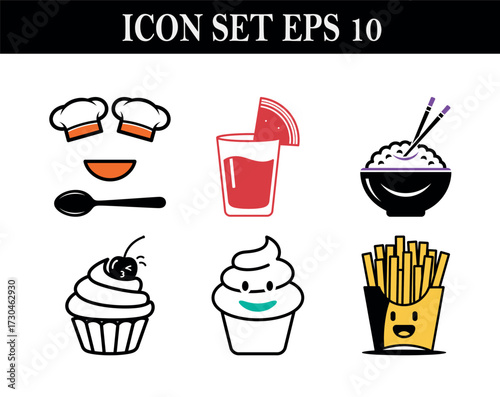 Vector art of cute icon set with chef hat, juice, rice, cupcake, and fries
