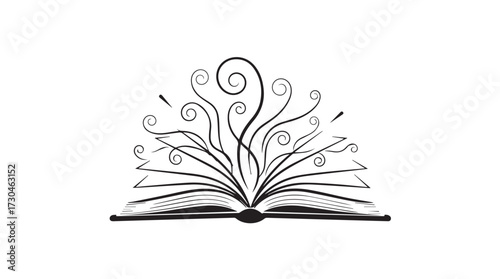 Open book emanating swirling artistic designs representing imagination and creativity vector
