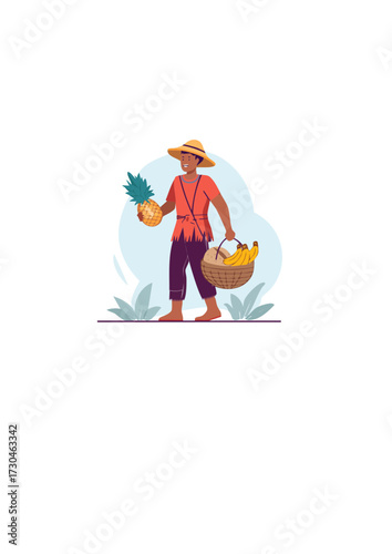 Farmer holding a pineapple and basket full of fruits, representing agriculture and healthy lifestyle
