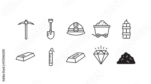 Mining industry equipment and resources icons set for exploration and extraction vector