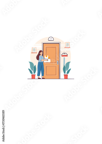 Illustration depicting a cheerful woman accepting a parcel delivery at her home entrance, emphasizing modern e-commerce convenience and reliable shipping