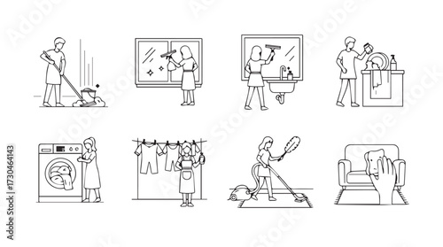 Collection of simple line drawings depicting various household chores and daily activities vector