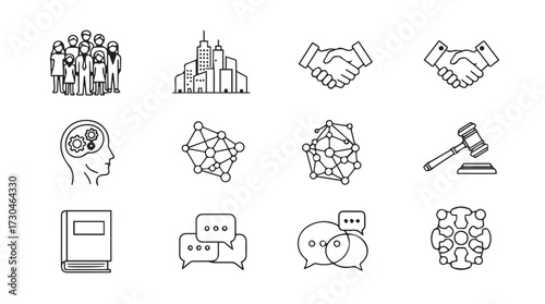 Collection of business and legal hand drawn icons representing finance law and teamwork concepts vector