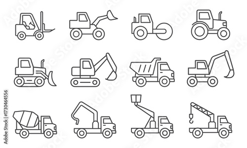 A collection of vector icons of construction and municipal equipment. Minimalistic design  for websites, mobile apps, and printed materials.
