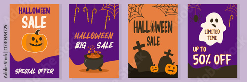 Vertical Halloween sale banners set with pumpkin lantern, ghost, witch cauldron, graveyard, bats, and spooky typography — orange and purple color palette, big offer, special sale, limited time design.