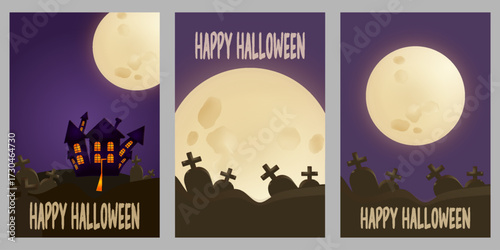 Vertical Halloween banners set with spooky haunted house, full moon, graveyard, bats, and creepy night sky — Happy Halloween typography design for seasonal sale, party, or invitation background.
