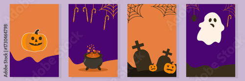 Set of vertical Halloween banner on orange and violet background Ghost, jack-o’-lantern, Cemetery with tombstones, cauldron with potion  Fun concept for sale Copy space for slogans for sale