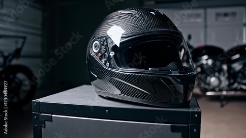Black motorcycle helmet on a box in a garage setting.