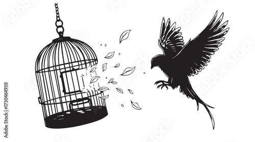 Bird escaping broken cage releasing freedom symbolizing hope new beginnings vector