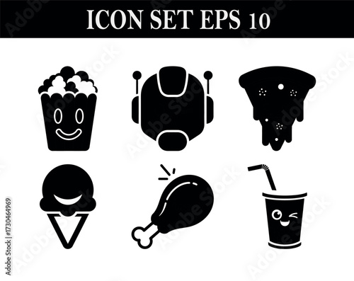 Vector art of icon set with popcorn, robot, pizza, ice cream, chicken, and drink