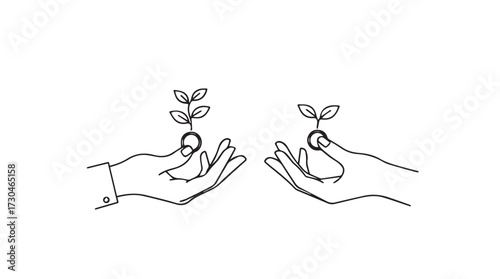 Two handfuls gently holding growing seedlings symbolizing growth new beginnings investment and care vector