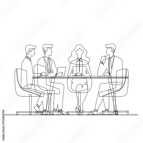 Outline sketch of professionals discussing project strategies in teamwork.