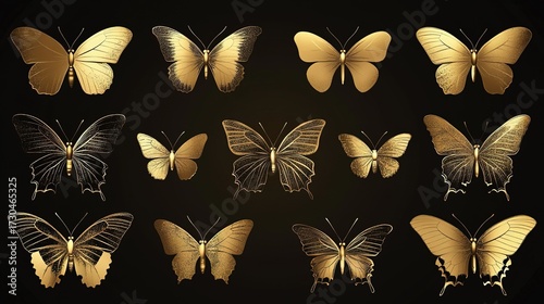 Set of Golden Butterflies on Black Background for Design Projects