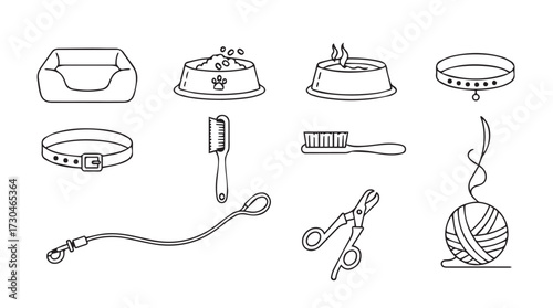 Collection of pet care accessories outline icons including bed leash bowls brushes and toys vector