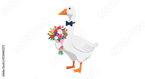 A charming goose in a bowtie holding a bouquet of colorful flowers.