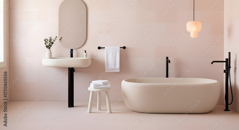 Fototapeta premium Modern bathroom design featuring a freestanding bathtub and elegant sink