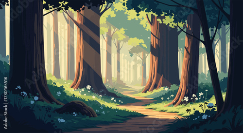 A serene forest path bathed in the gentle light of a new day.