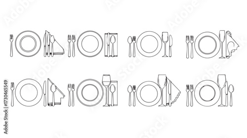 Set table flatware and plates elegant dining arrangement simple outline art style vector