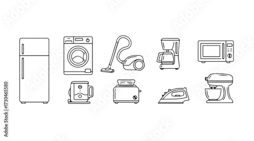 Collection of home appliances rendered as simple line art icons for design projects vector