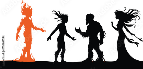 Elegant silhouettes of mythical beings, fire, water, earth, and air, interacting in a dramatic fantasy scene, perfect for book covers and creative projects