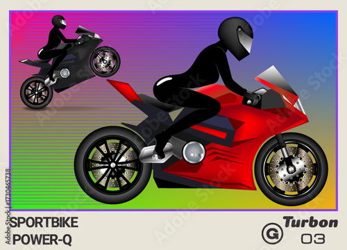 Vector collectible card, calendar or insert. Cartoon red city sportbike. Toon motorcycle. Pretty young girl in black latex catsuit. Urban transport. Violet frame. Number 3