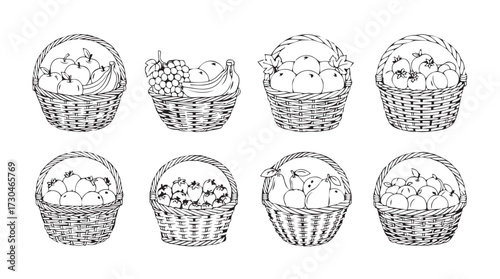 Collection of eight hand drawn wicker baskets filled with easter eggs and flowers for spring celebration vector