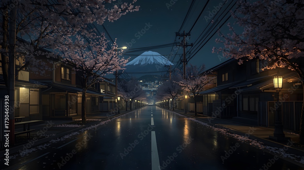 Fototapeta premium Rainy night street scene with cherry blossoms and lanterns