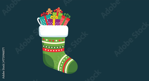 A festive christmas stocking overflowing with wrapped gifts and goodies on a dark background.