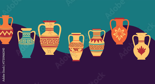 An ancient collection of decorated ceramic pottery vessels in various colors and patterns.