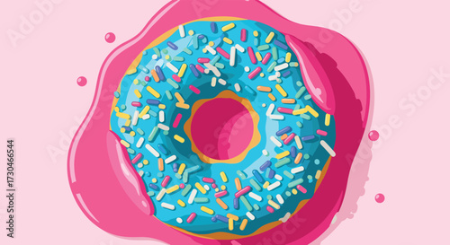 A delicious blue frosted doughnut covered in colorful sprinkles sits in a pink glaze.