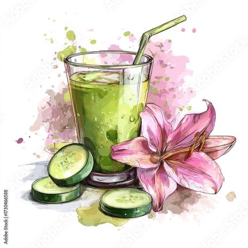 Fresh green juice with lily and cucumber slices illustration