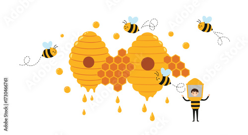 Cute bees collecting honey from a honeycomb. bees and honeycomb with honey dripping.